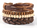 Vintage 4-piece set of brown layered braided leather bracelets with wooden beads - Brown Bohemian Wood Bead Set (BN-0129-53)