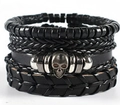 Retro multi-layer black leather bracelet set with wooden beads and metal skull charms - Black Skull Pendant Decoration (BN-0129-54)