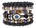 Bohemian black leather layered bracelet set with evil eye and wooden beads - Bohemian Evil Eye Beaded Bracelet (BN-0129-56)