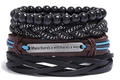 Men's 4-piece vintage leather bracelet set with beads and engraved inspirational metal charm - Where There's a Will Engraved (BN-0129-57)