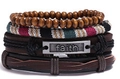 Men's retro multi-layer braided leather bracelet set with brown wood beads and faith charm - FAITH Engraved Metal Plate Mix (BN-0129-59)