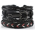 Handmade multilayer black leather bracelet set with a guitar charm and woven ropes - Rock Guitar Black Leather Mix (BN-0129-35)