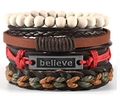 Retro multi-layer leather bracelet set with wooden beads and 'believe' metal plate - Believe Engraved Retro Set (BN-0129-36)