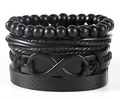 Multi-layer black leather bracelet set featuring matte beads and infinity symbol charm - Matte Black Bead Infinity Ornament (BN-0129-37)