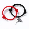 Magnetic game controller couples bracelets in red and black woven rope with silver charms - Woven Rope Style / Red And Black Pair