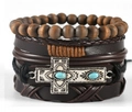 Men's multi-layer leather bracelet set with retro silver cross and turquoise beads - Cross Pendant Bohemian Style (BN-0129-38)