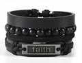 Men's 4-piece black leather bracelet set featuring faith engraved metal plate - FAITH Engraved Black Series (BN-0129-39)