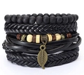 Retro black multilayer hand-woven leather bracelet set with wooden beads and leaf pendant - Bronze Leaf Decor Black Stack (BN-0129-40)