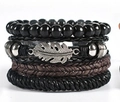 Braided leather multi-layer bracelet set for men featuring a silver feather charm - Silver Feather Glossy Bead Mix (BN-0129-41)