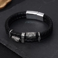 Bracelet double en cuir noir tressé avec perles nordiques et fermoir magnétique - Motif celtique double couche (BMB-0045--Double couche)