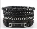 Retro 4-piece men's black braided leather bracelet set featuring a metallic faith plate - FAITH Metal Plate Black 4-Piece (BN-0129-42)