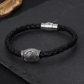Braided leather punk bracelet for men with silver magnetic clasp and Nordic runes symbol - Rune & Black Sun Large Hole Beads (BMB-0045)