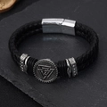 Braided leather men's bracelet with Viking Valknut symbol and magnetic clasp - Round Valknut Symbol (BMB-0045--Round)