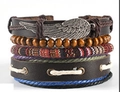 Brown braided leather bracelet set featuring wood beads and vintage silver feather charm - Retro Silver Feather Metal Decor (BN-0129-44)