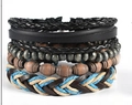 Vintage multilayered hand-woven leather bracelet set with beads and braided cord in black - Multi-material Forest Retro Mix (BN-0129-45)