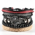 Men's vintage layered leather bracelet set with a silver anchor pendant in red and grey - Metal Anchor Pendant Black Mix (BN-0129-46)