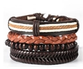 Men's vintage four-piece set with brown braided leather and wooden bead bracelets - Dark Brown Braided Leather 4-Piece (BN-0129-47)