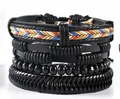 Men's retro four-piece bracelet set featuring black braided leather and beaded bands - Tri-color Woven Thread Black Series (BN-0129-48)