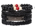 Men's retro layered leather bracelet set with beaded strings and cross metal plate - Cross Scripture Black Mix (BN-0129-63)