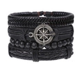 Set of 4 vintage black braided leather bracelets with silver compass charm and beads - Compass Metal Part 4-Piece (BN-0129-67)