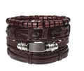 Retro 4-piece woven leather bracelet set with dark brown wood beads and metal accents - Silver Metal Tube Industrial Retro (BN-0129-68)