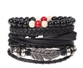 Men's 4-piece vintage layered leather bracelet set with beads and metal feather charm - Metal Feather Pendant Punk Bohemian (BN-0129-69)