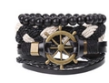 Retro multi-layer leather bracelet set with bronze ship rudder charm and matte black beads - Bronze Helm Multi-layer Black Mix (BN-0129-70)