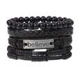 Men's vintage black layered bracelet set featuring a metallic plate with believe engraving - Believe Silver Plate All-black Series (BN-0129-71)