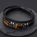 Zweilagiges schwarzes Herren-Lederarmband mit Tigerauge-Stein und Magnetverschluss - Love You Forever Gravur-Stil
