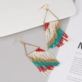 Detail of bohemian tassel earrings with multi-color beads and gold triangular frame - Beige Red Green (E-0011)