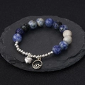 Natural sodalite beaded bracelet with silver heart and sea wave pendants on grey rock - Blue Natural Stone Style (BNS-0271蓝)