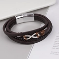 Multilayer leather bracelet for men featuring a silver infinity charm and magnetic clasp - Brown