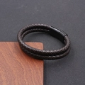 Men's double-layered brown braided leather bracelet with a black magnetic steel clasp - Ordinary Magnetic Clasp / Brown
