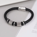Men's multi-layer braided leather bracelet with silver alloy magnetic clasp on gray background - BMB-0051 Silver