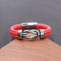 Red leather braided infinity knot bracelet with silver magnetic clasp for men - Red / Silver Alloy Clasp