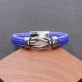 Close-up of blue braided leather bracelet with silver metal knot and magnetic clasp - Purple / Silver Alloy Clasp