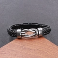 Men's black braided leather infinity bracelet with stainless steel magnetic clasp - Black / Black Alloy Clasp