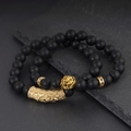 Herren Armband-Set aus matten schwarzen Onyx-Perlen mit goldenem Löwenkopf und Pavé-Detail - Mattstein Regulärer Stil (BNS-0303)