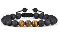 Pulsera trenzada ajustable para hombre con piedras de lava negra y cuentas ojo de tigre - Lava Stone And Yellow Tiger Eye