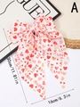 Pink chiffon hair bow with red heart prints and LOVE text on white background - A (Pink Heart Print)
