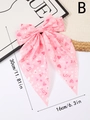 Pink bow hair clip with long ribbons and LOVE heart print for Valentine's Day - B (LOVE Print)