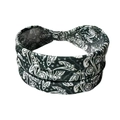 Close-up of black and white paisley pattern on elastic yoga headband with knot detail - Black Paisley Cross Style