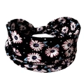 Detailed view of elastic black headband with white and purple daisy floral print - Black