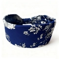 Breites Boho-Baumwoll-Yoga-Haarband mit Blumenmuster und elastischem Schweißband in Dunkelblau - Marineblau