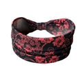 Detalle de diadema bohemia negra ancha antideslizante con patrón floral rojo y banda elástica - Rojo