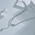 Hip hop style double layer stainless steel necklace with geometric pendant and chain link - Silver