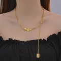 Chic hip hop gold stainless steel necklace with geometric square pendant and tassel - Gold