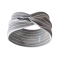 Close-up of gray ribbed knit headband with white stripes and center twist detail - Cross Knot / Matte Grey