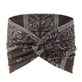 Dettaglio della fascia da yoga marrone scuro con stampa paisley e nodo a croce decorativo - Stile Nodo Intrecciato Paisley Marrone Scuro (2)