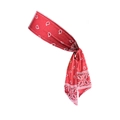 Detail of red paisley yoga headband showing elastic knit fabric and white stitching - Red